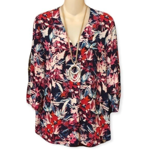 ROSE + OLIVE Magenta Abstract Floral Top‎